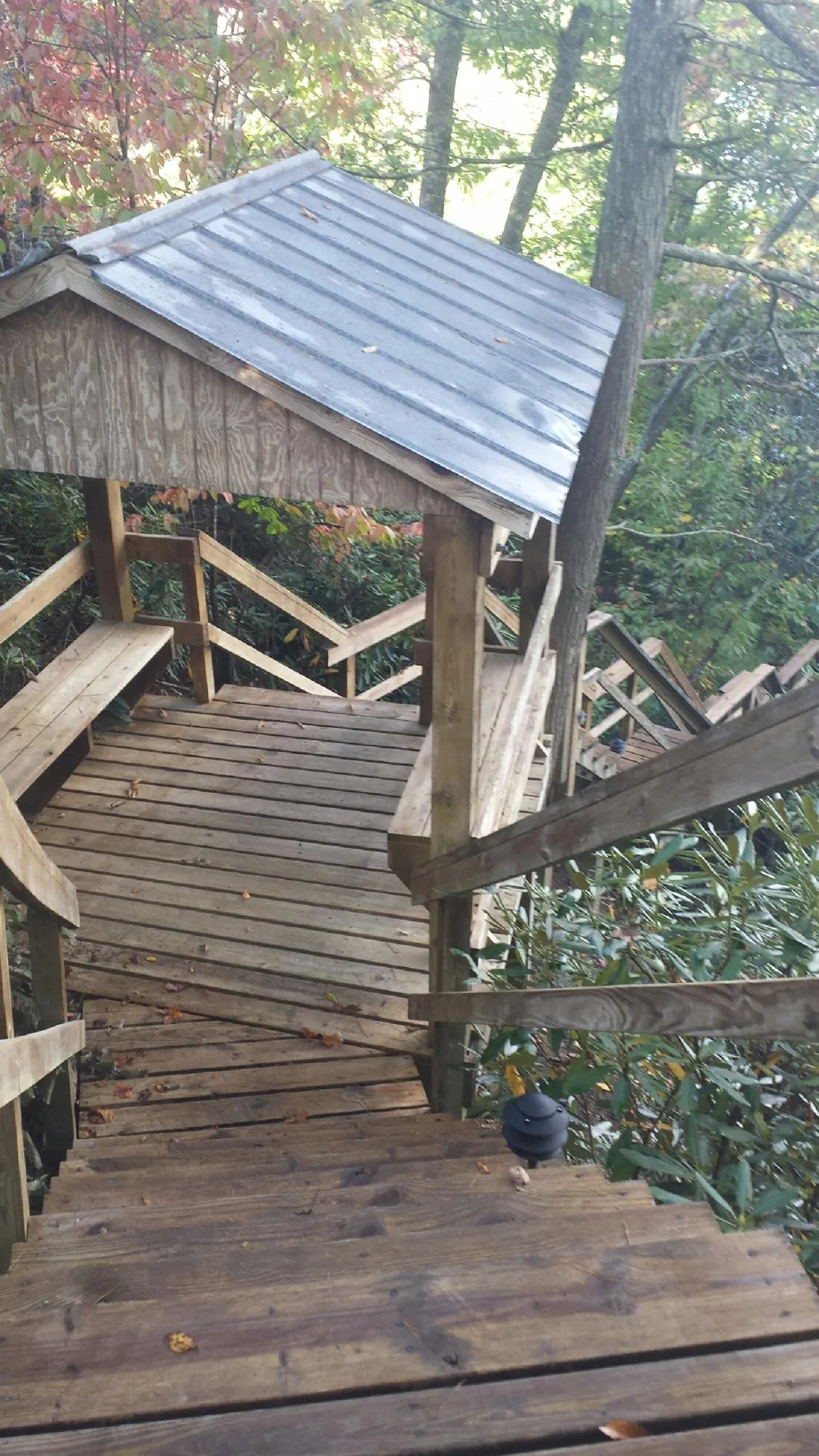 Metal roofed shelter over wooden steps on a wooded walkway — Skylight Repair & Installation work by our crew in Osteen